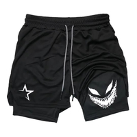 Men's athletic breathable quick-dry training shorts with devil smile print, 2-in-1 performance shorts RL0502
