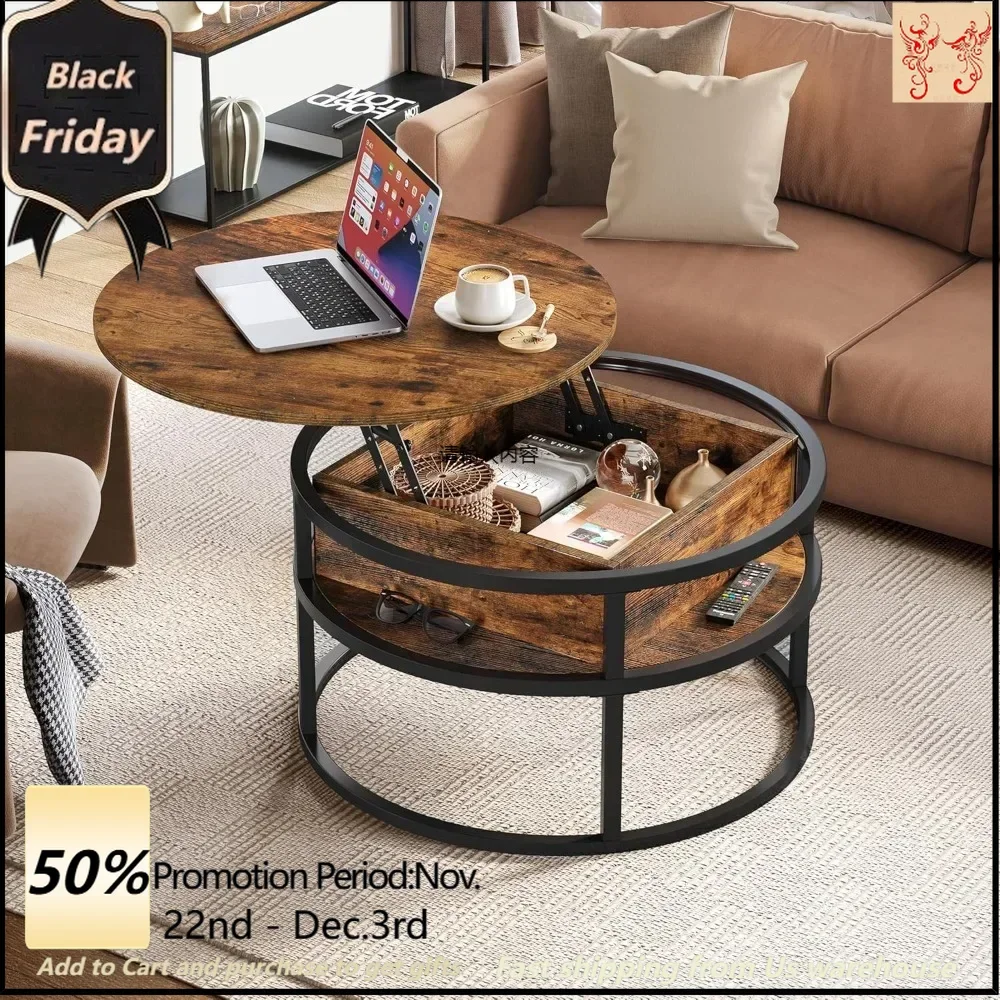 Round living room coffee table, Lift coffee table with storage, Wooden coffee table with hidden storage compartment