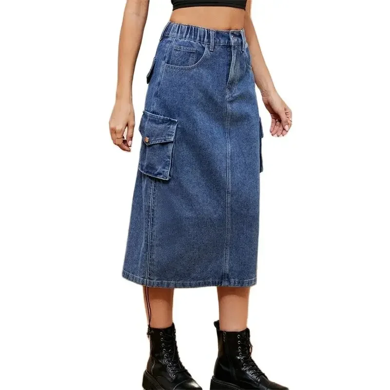 

Women Workwear Style Multiple Pockets Denim Skirt Side Drawstring Adjustable Hem Elastic Waist Half-body Dress Casual Streetwear