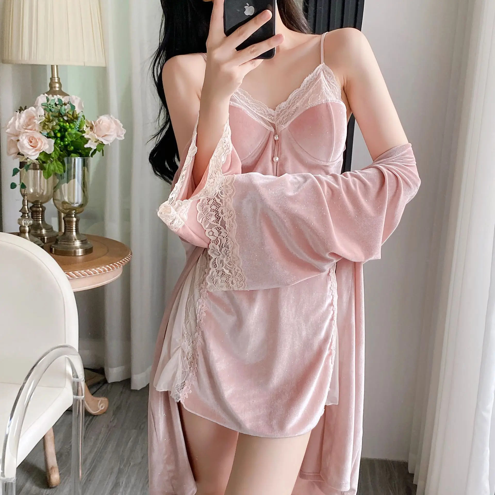 

2025 New Pink Lace Patchwork Sling Nightdress Set Women Sexy Mesh Robe Jacquard Flower Home Dressing Gown Women Lingerie