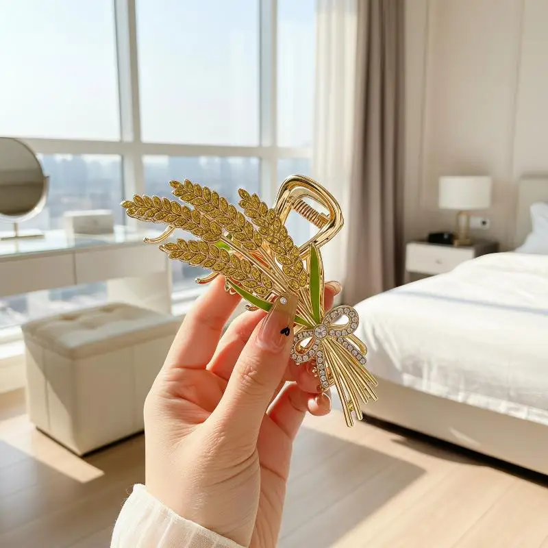 Alloy Wheat Design Hair Claw Clip With Shiny Rhinestones Strong Hold Grip For Daily Wear Parties Weddings Formal Occasions