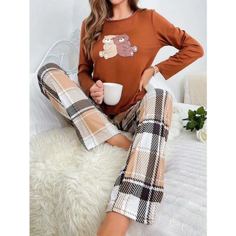 Conjunto de pijama de otoño para mujer, Top de manga larga con oso, pantalones a cuadros