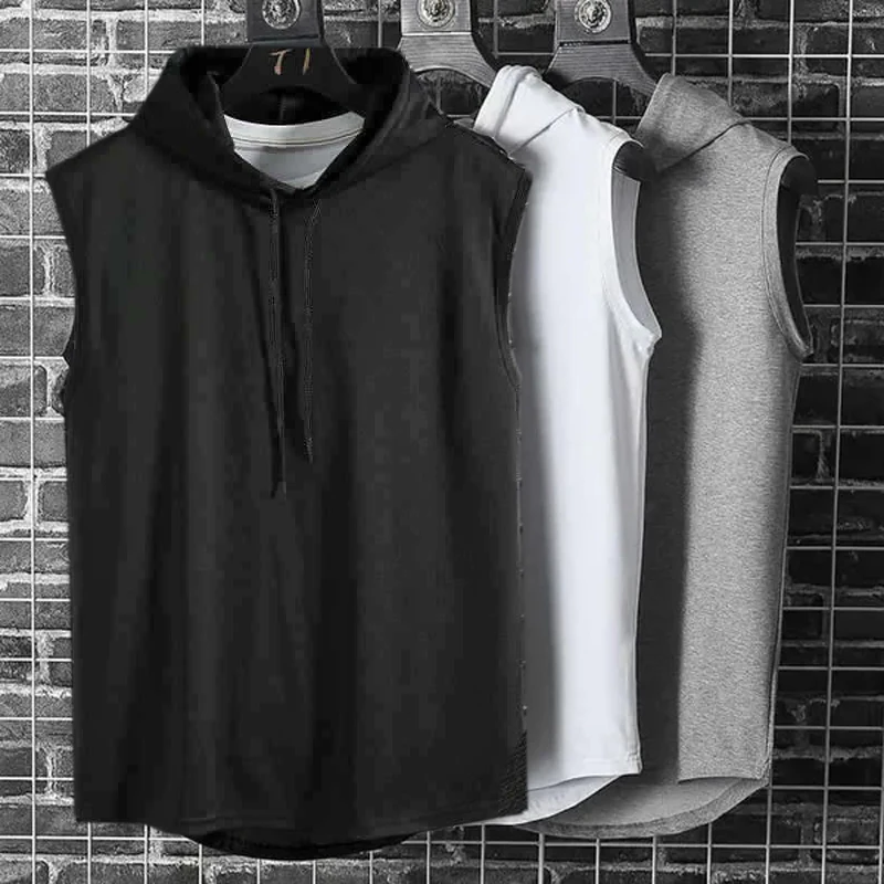 

Ice Silk Summer Muscle Hoodie Vest Sleeveless Bodybuilding Gym Workout Fitness Shirt High Quality Vest Hip Hop Sweatshirt Tops