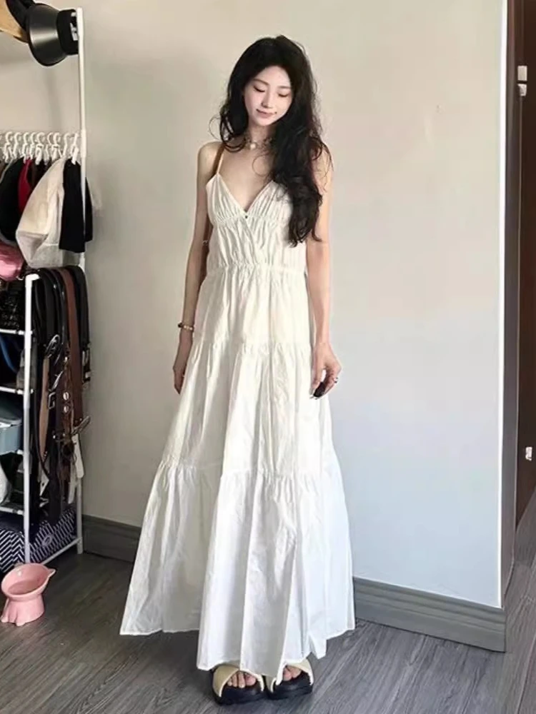 딥 브이 넥 화이트 한국 스타일 드레스 우아한 슬림 맞는 여름 드레스 독점 스파게티 스트랩 비치 맥시 휴가 여성 드레스