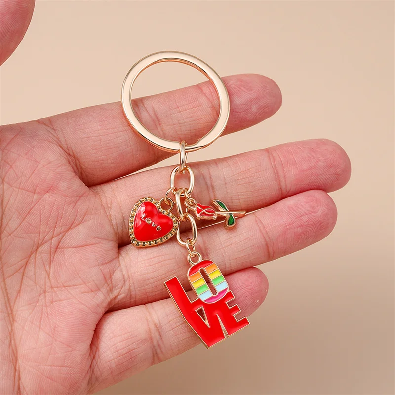 Niedlicher Schlüsselanhänger mit Herz, Emaille-Lippen und Rose für Damen und Herren, Auto-Schlüssel, Handtaschen-Anhänger, Schlüsselketten, DIY-Accessoires – Detail 6