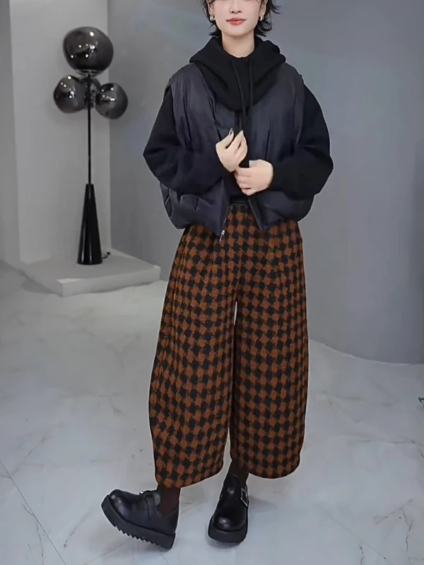 Authentic High Waist Tweed Casual Pants Women's Autumn Winter Plaid Wide Leg Pants Retro Harlan Trousers Cotton Blend