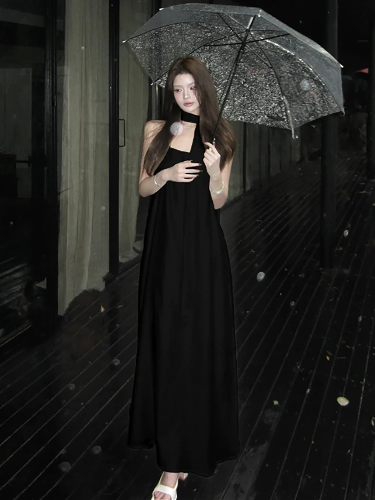 RORIRI Desire ผ้าพันคอสีดําคอ Camisole ผู้หญิงวินเทจซาตินหลวม A-Line Draped ชุดยาวฤดูร้อนวันหยุดเสื้อผ้า