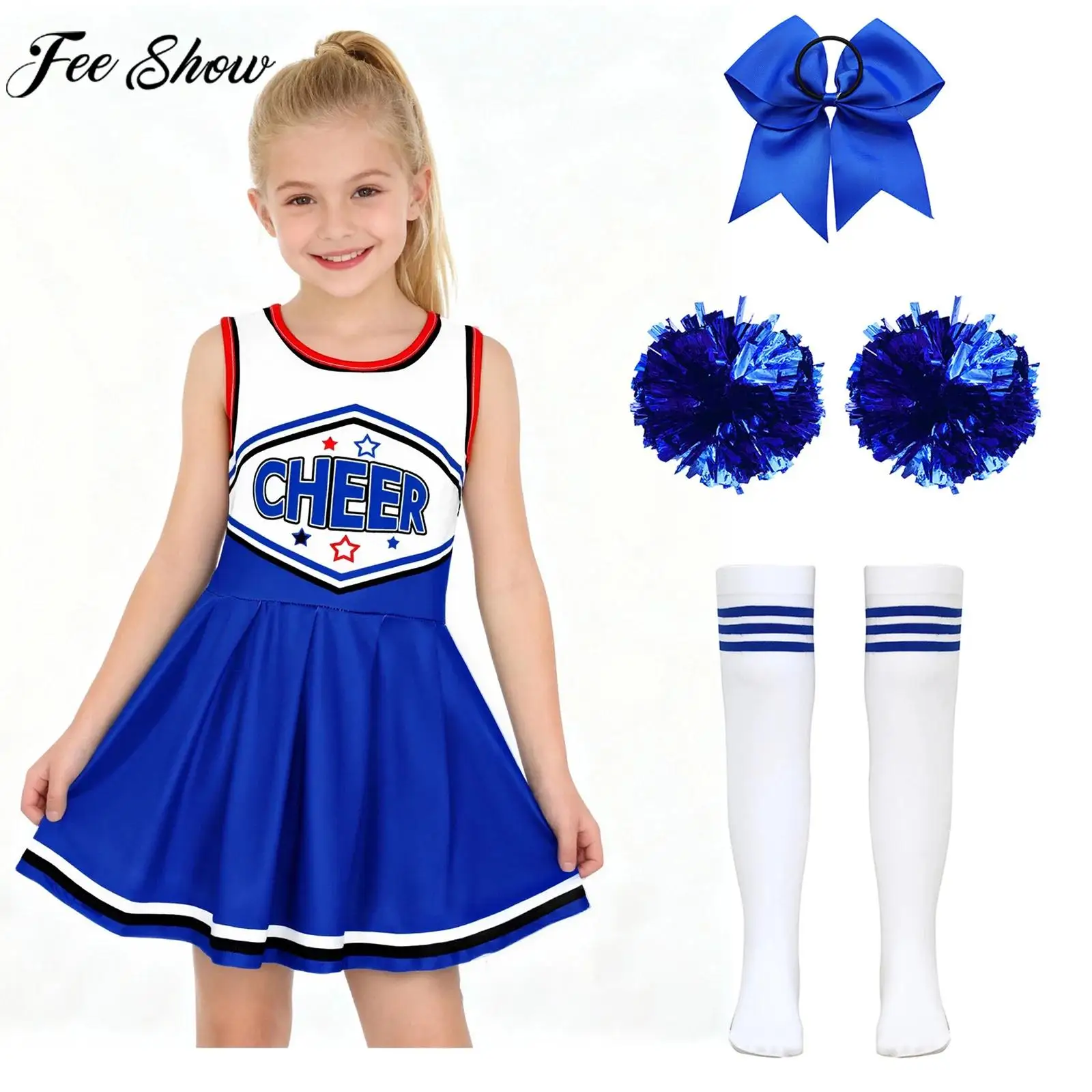 

Girls Cheerleading Dance Uniform Sleeveless Dress with Flower Balls Hair Tie Socks Halloween Carnival Cheer Team Cosplay Costume