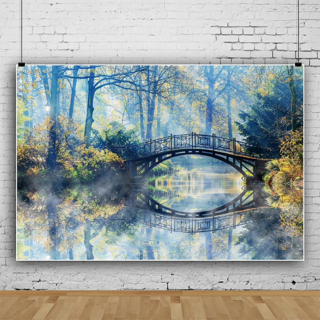 Laeacco Spring Garden Landscape Backdrop Retro Style Arch Bridge Lakes Park View Kids Adults Portrait Photography Background