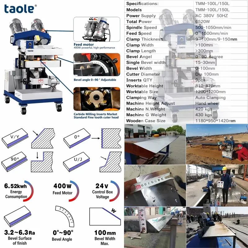 2026 CE TMM-100L Auto Feed Plate Beveling Machine for 8-100mm Steel, 0-90° Adjustable Edge Milling Machine for Welding Prep
