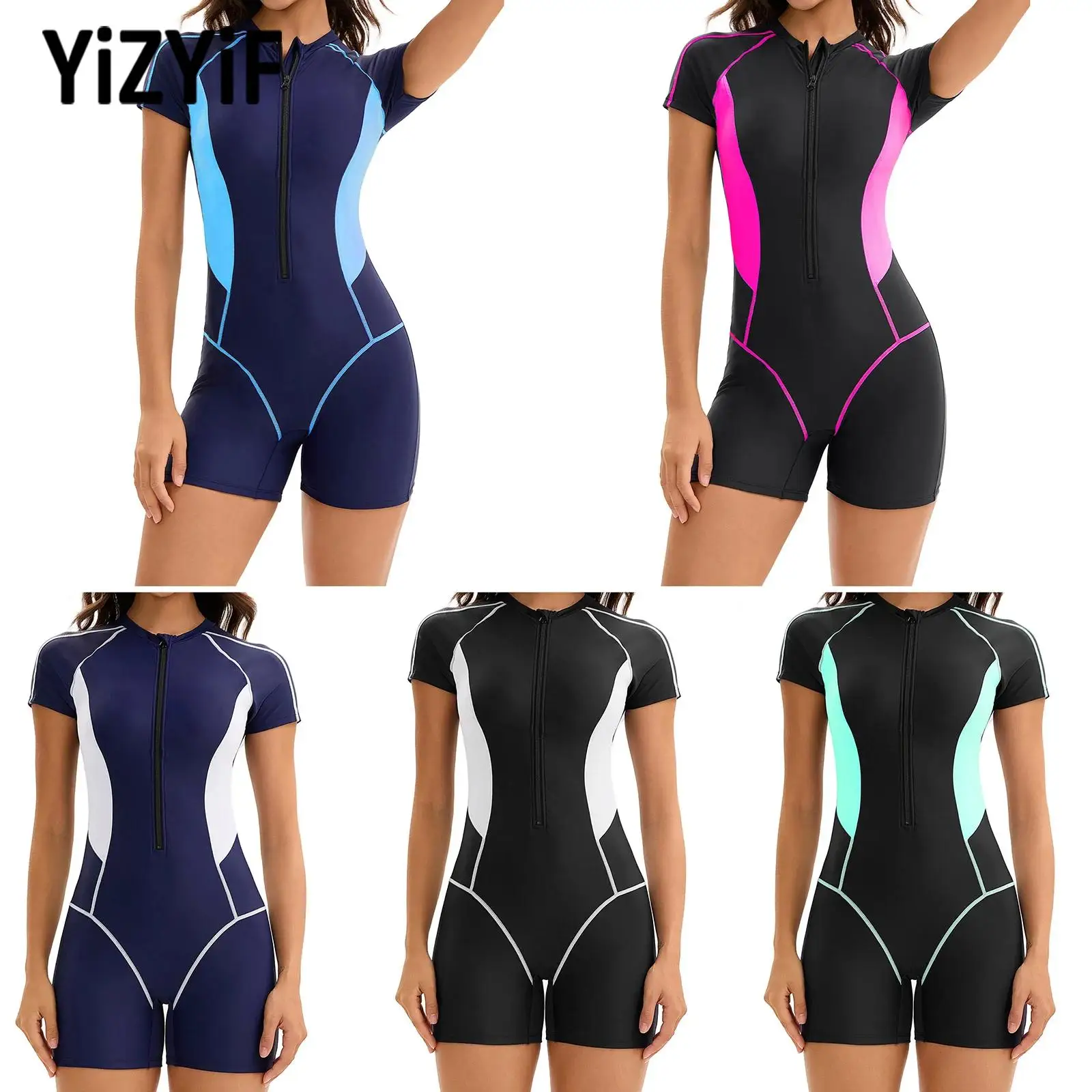 

Short Sleeve One Piece Swimsuit Womens Beach Activities Pool Party Costumes Chest Pad Competitive Bathing Suit Sport Swim Suits