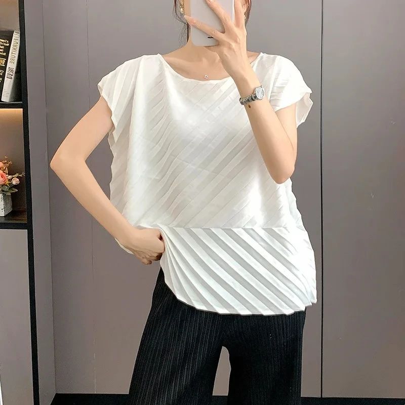 

Miyake модная универсальная повседневная однотонная сложенная футболка женский свободный топ с круглым вырезом и короткими рукавами, лето 2021, новый прилив