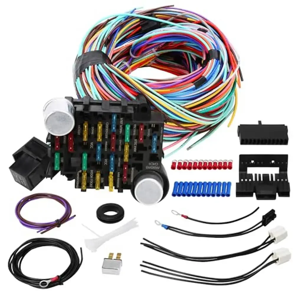 21 Circuit Universal Wiring Harness Kit Extra Long Automotive Wire Compatible with GM Chevy Mopar Horn Fan Dome Light Radio Door