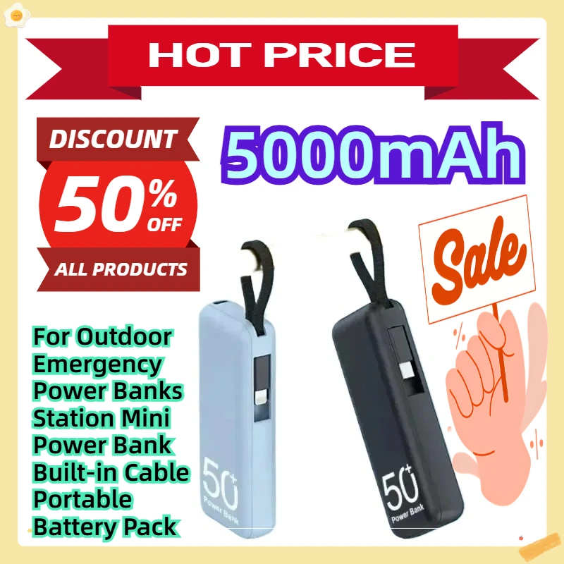 

For Outdoor Emergency Power Banks Station Mini Power Bank Built-in Cable Portable Battery Pack 5000mAh