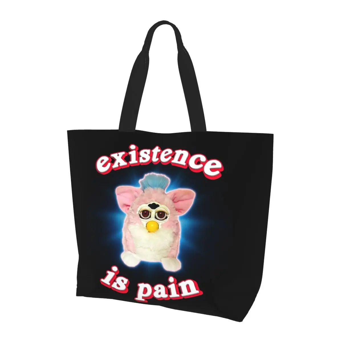Furby Existence Is Pain Shopping Tote Bag Lona Bolsas de ombro de grande capacidade Shopper Bolsa de compras para mulheres