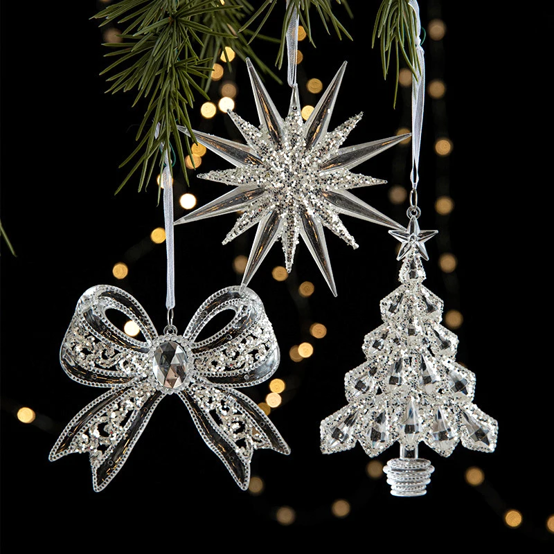 Acrylic Crystal Christmas Pendant Transparent Snowflake Angel Bow Xmas Tree Hanging Ornaments New Year Party Navidad Gift Decor