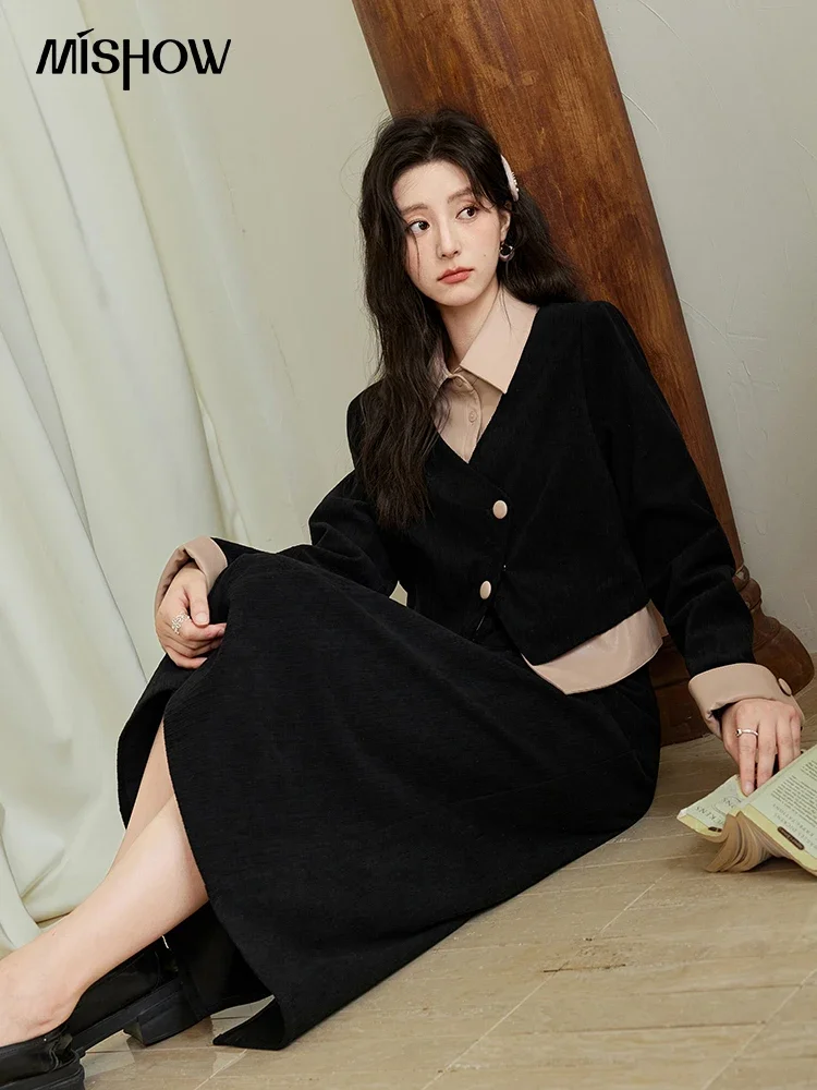 MISHOW Irregular Fake Two Pieces Short Jacket Black Skirt Separately Women Korean Lapel Coat High Waist Midi Skirt MXD45W0431