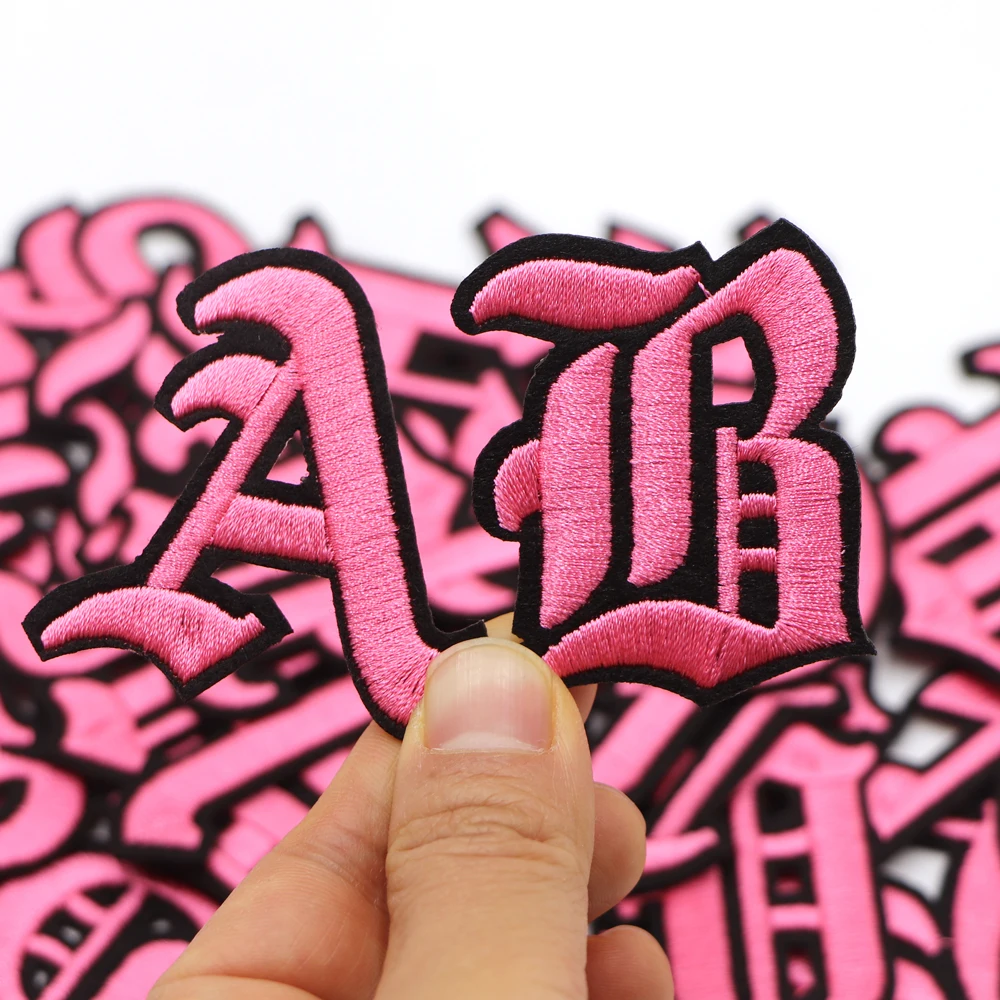 1PC A-Z Pink Old Alphabet Embroidery Letter Patches Iron-onTowel Garment Hats Bags Applique For Clothes Name Logo Diy