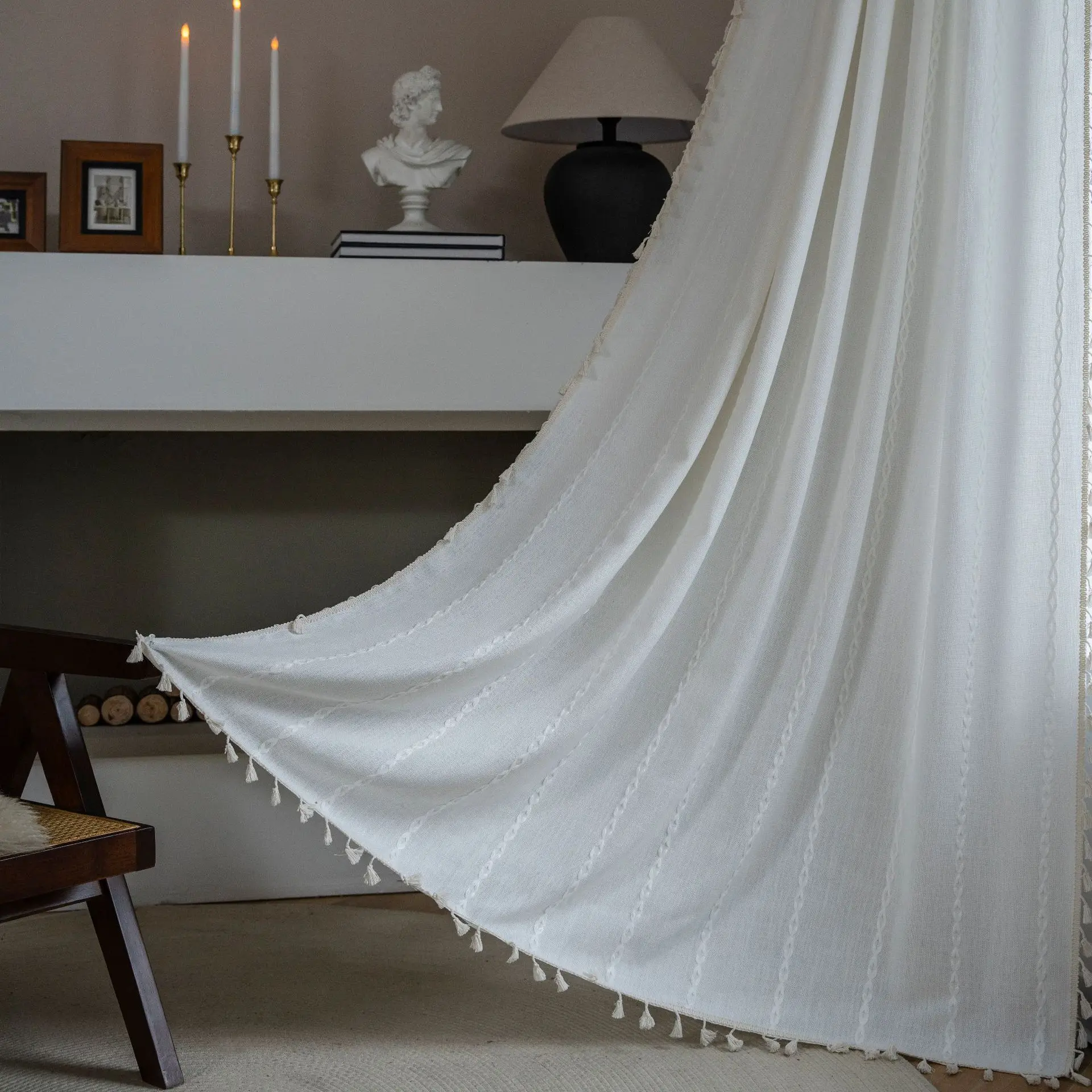 Polyester Curtains For Living Room Boho White Semi Sheer Window Drapes Rod Pocket Tassel Slot Top Voile Curtains Panels