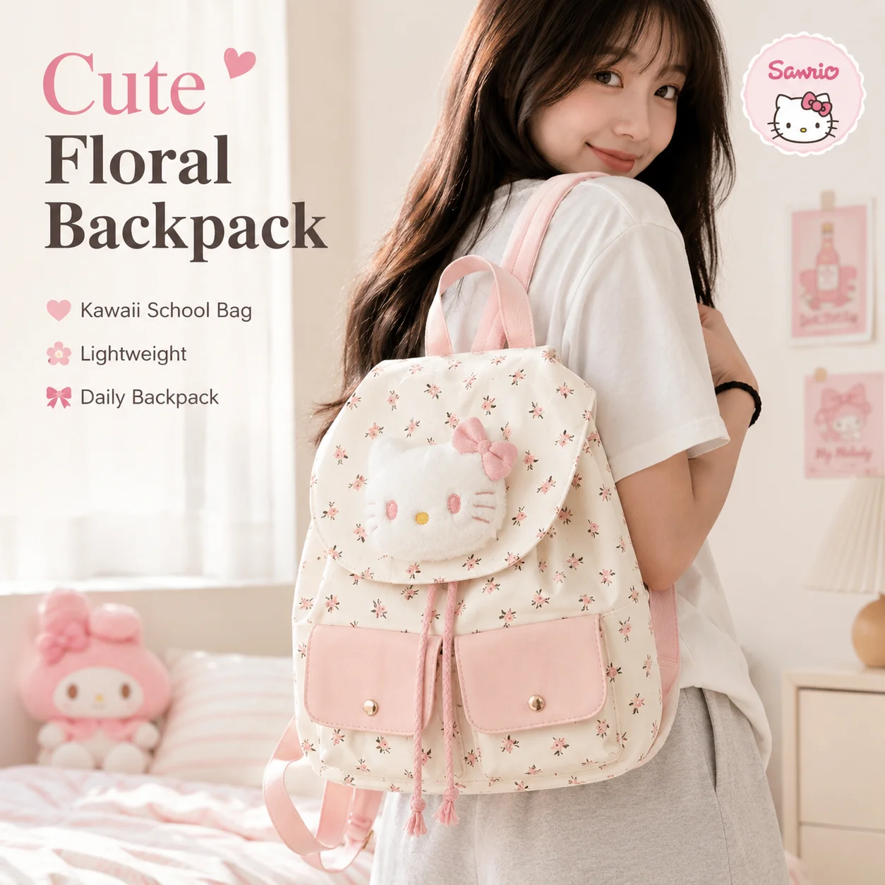 

Sanrio Hello Kitty Floral Sweet Cute Flap Drawstring Backpack Large Capacity Student Bag Light Waterproof Commute Backpack Gift