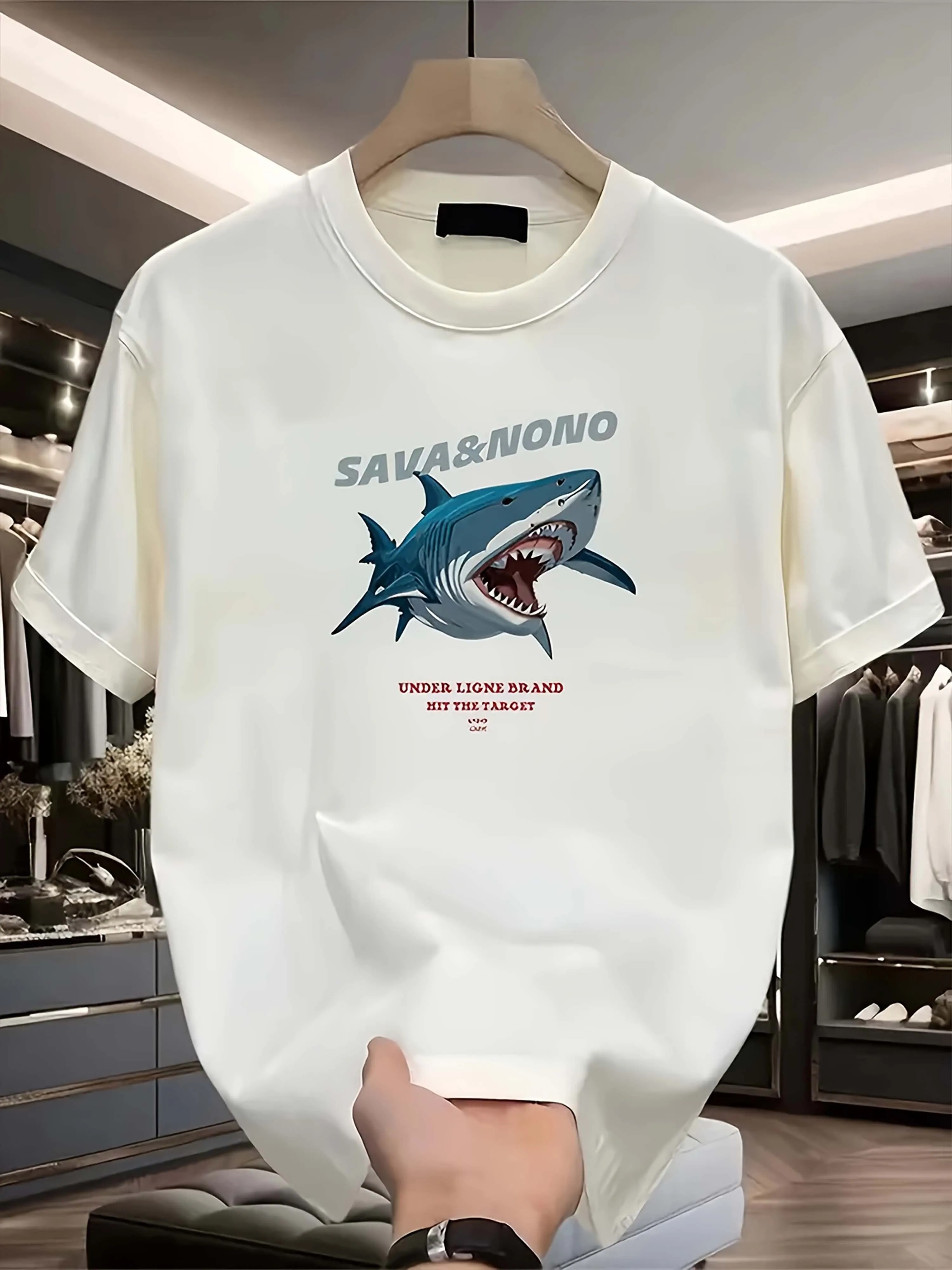 Men's white cotton printed t-shirt, unisex 100% cotton t-shirt with shark pattern (Street Apparel), suitable for parties, streetwear, home & leisure – 180G breathable fabric, comfortable for sports & casual wear, crew neck, black, S-XXXL.