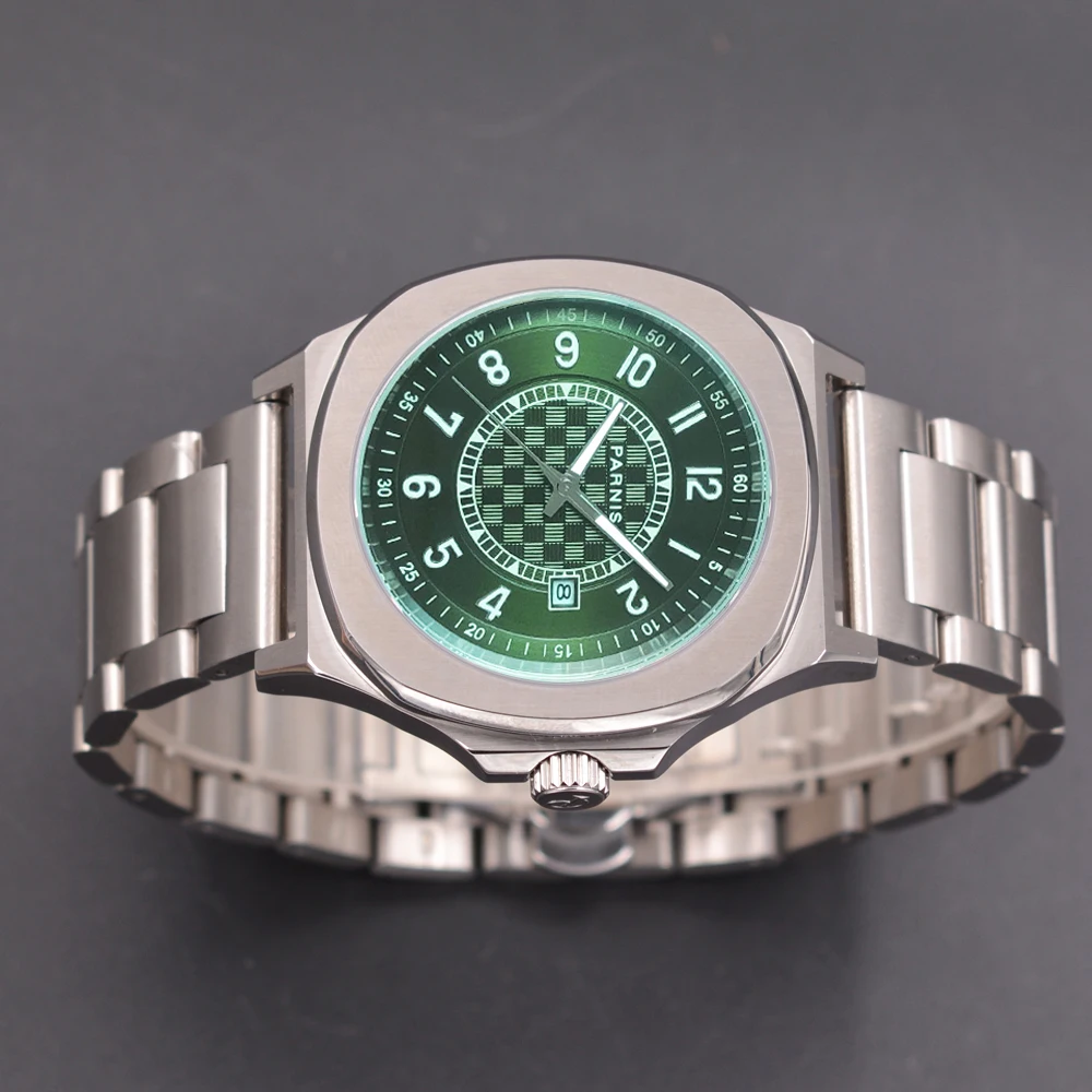 Parnis 42mm mostrador verde relógio mecânico masculino calendário de vidro safira automático relógio de pulso de aço inoxidável relogios masculino