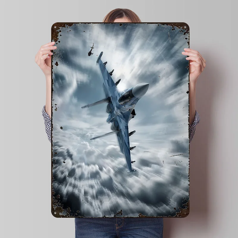 Sukhoi SU35 Flanker Fighter Jet Poster Customized Wall Art Vintage Metal Signs Retro Tin Plaque for Man Cave Office Decoration