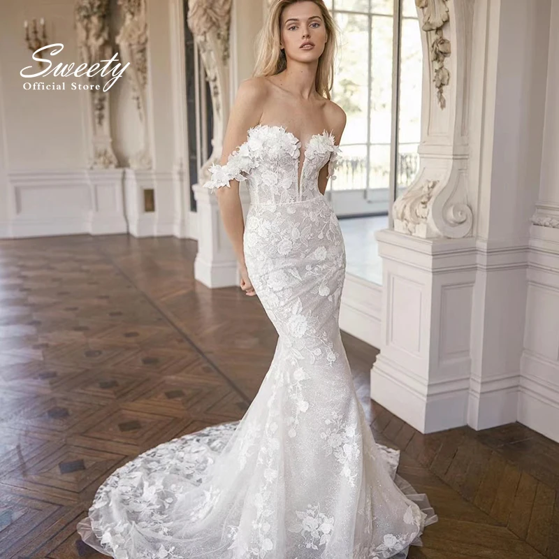 Abito da sposa Vintage a sirena pizzo ricamato su rete con collo a barca da spiaggia abiti da sposa senza maniche abiti con cerniera a linea sottile De Ma