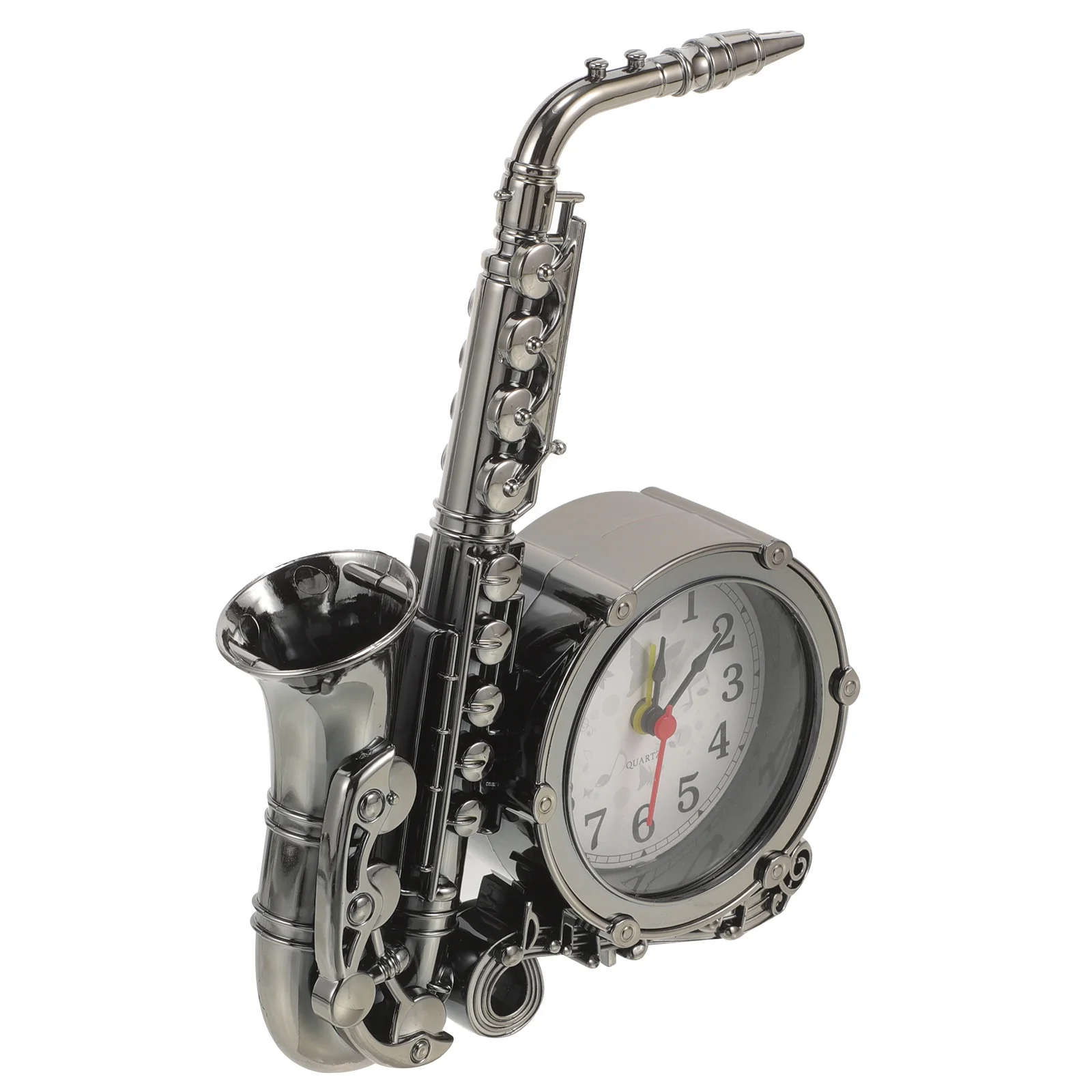 

Saxophone Shaped Tabletop Clock Silent Non-Ticking Alarm Movement Vintage Metal Round Retro Desktop Clock For Bedroom