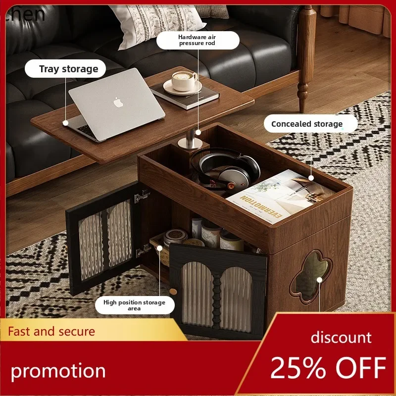 HT coffee table, living room, household small multi-functional storage side cabinet, lifting and rotating mobile tea cabinet