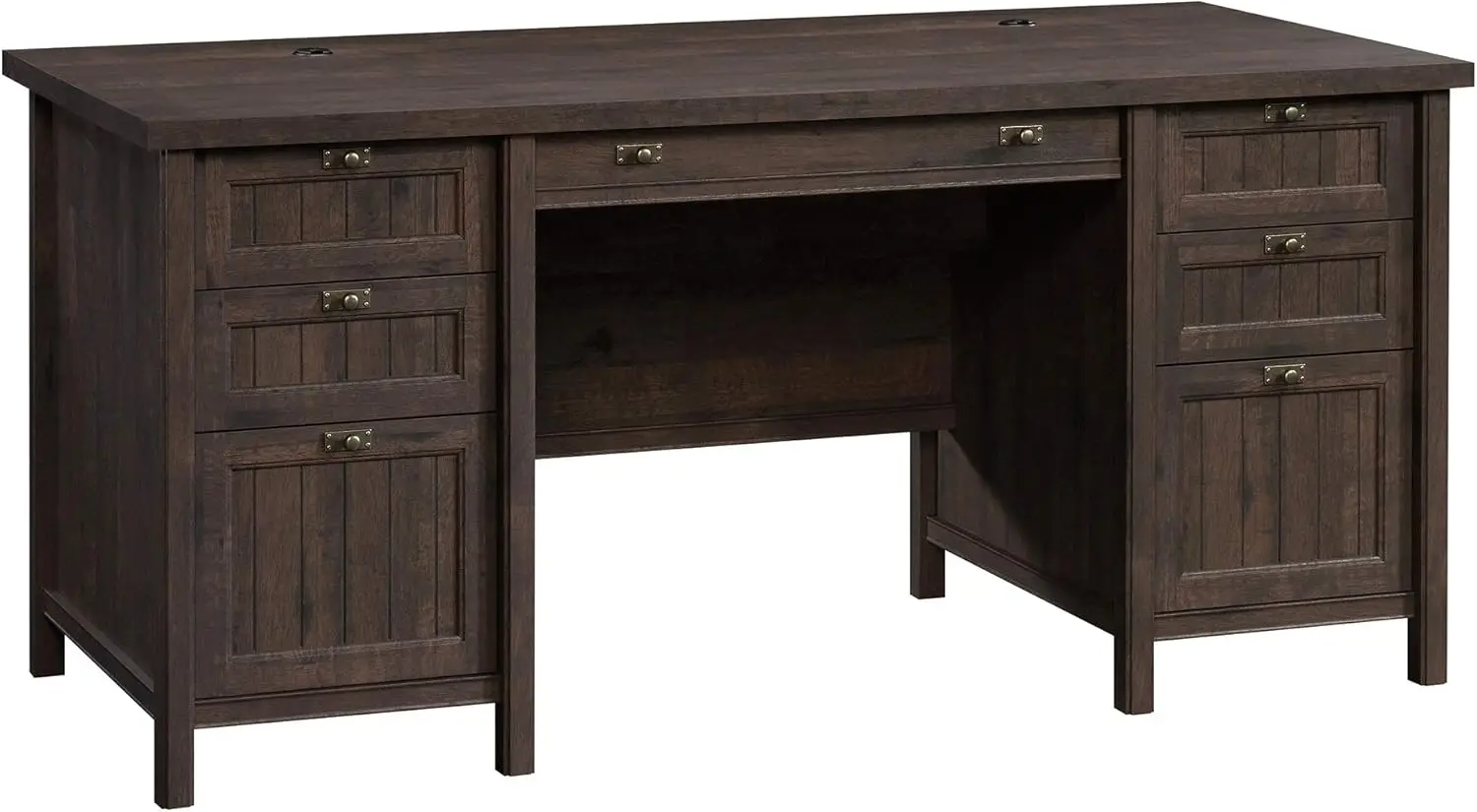 

Executive Desk W 65.118 X D 29.528 X H 30.00 Coffee Oak Finish Quick and Easy Assembly with Patented T Lock Drawer System