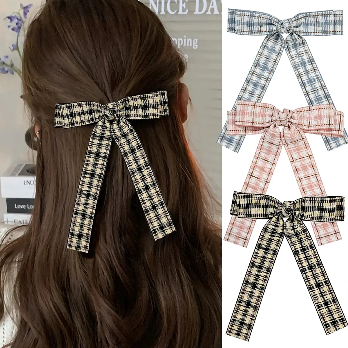 24pcs 5-Inch Tartan Plaid Print Ribbon Bow Hair Clips with Long Tassels College Style Barrettes for Kids Girls & Women Bulk Pack