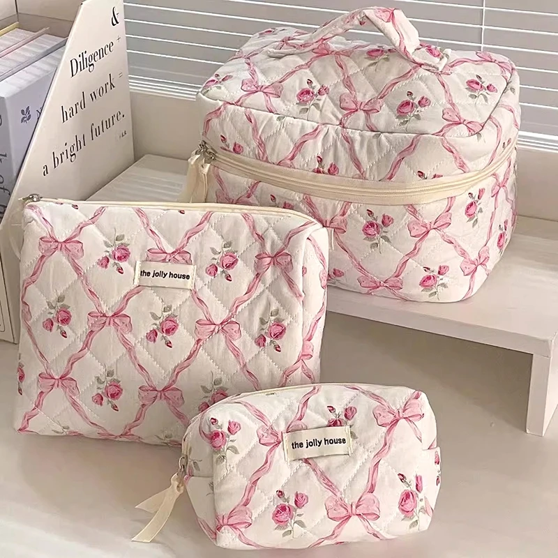 Cute Cosmetic Bag Bow Print Makeup Bags Zipper Cloth Handbag Portable Toiletry Case Storage Bag Cosmetic Organizer Pouch