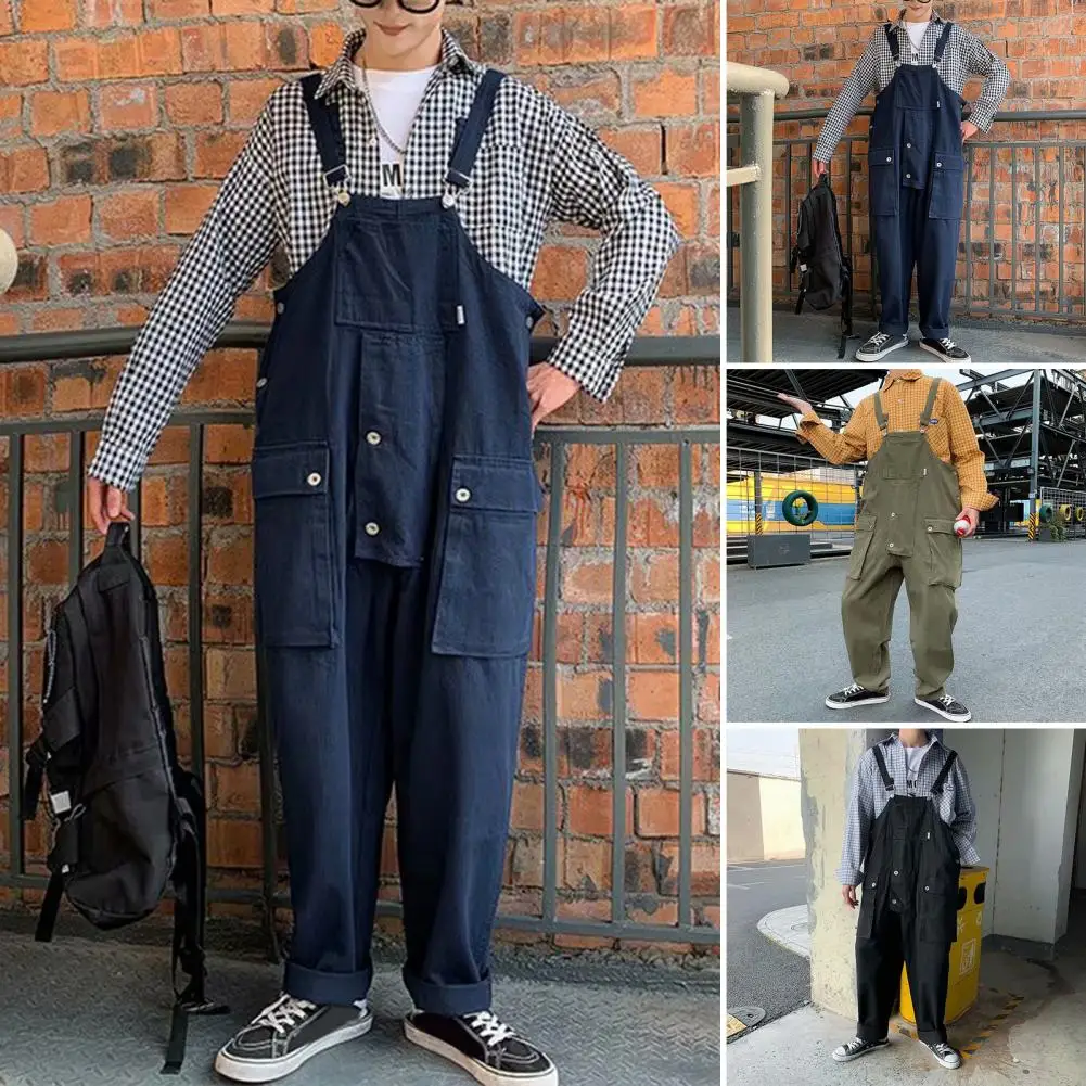 Men Bib Overalls with Multiple Pockets Solid Color Men Workwear Jumpsuit Loose Casual Retro Style Cargo Jumpsuit for Daily Wear