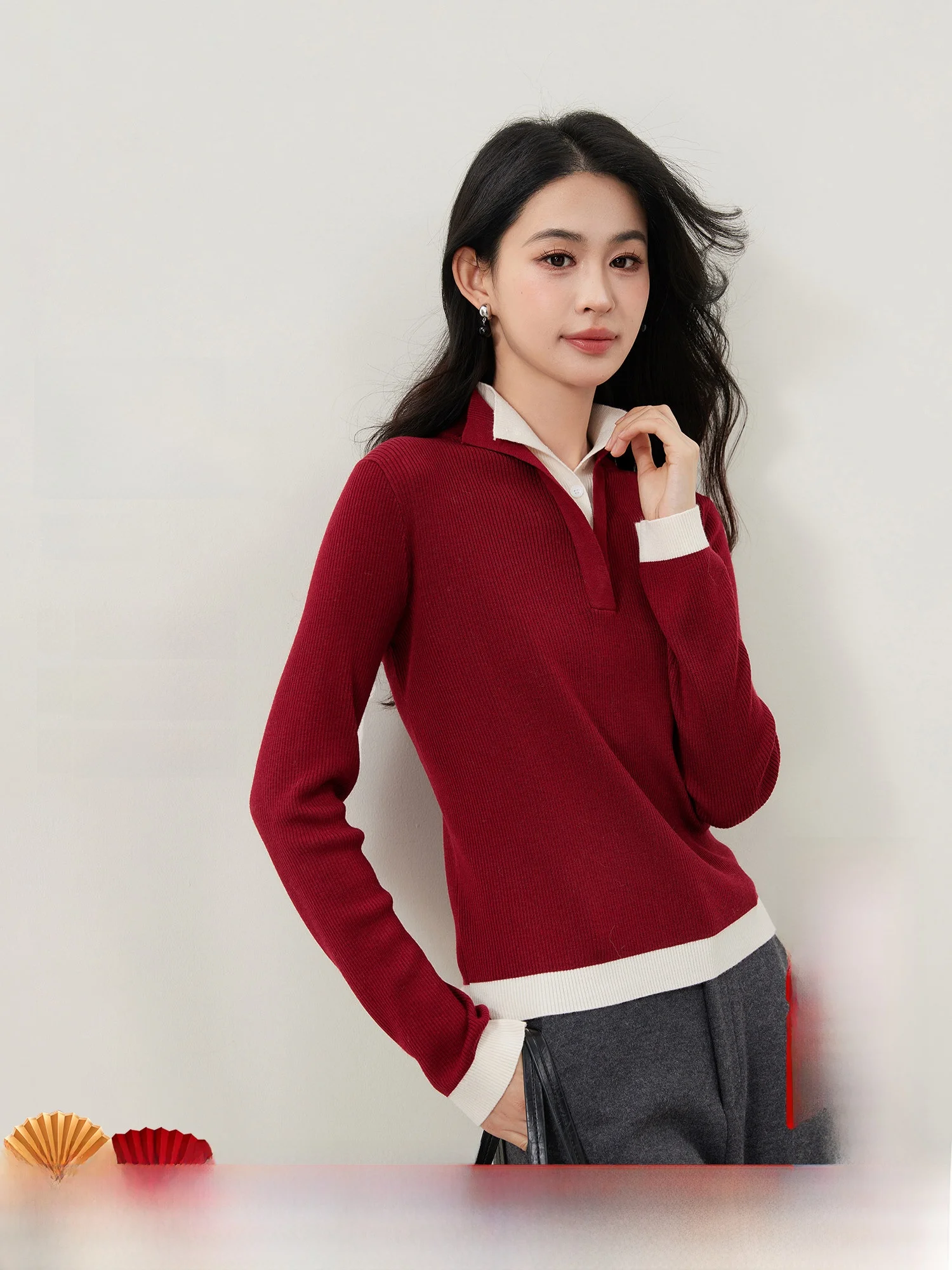 

Женский вязаный свитер с двойным воротником, смесь шерсти, универсальный красный базовый свитер irt Ele Sle, смесь полиэфирного волокна