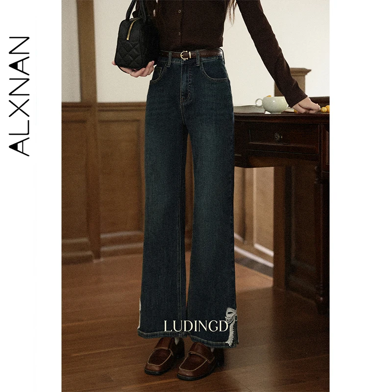 ALXNAN ヴィンテージブルーワイドレッグジーンズ女性の秋ストレートだぶだぶのジーンズレースリボンデザイン綿カジュアルデニムパンツ女性 L57161