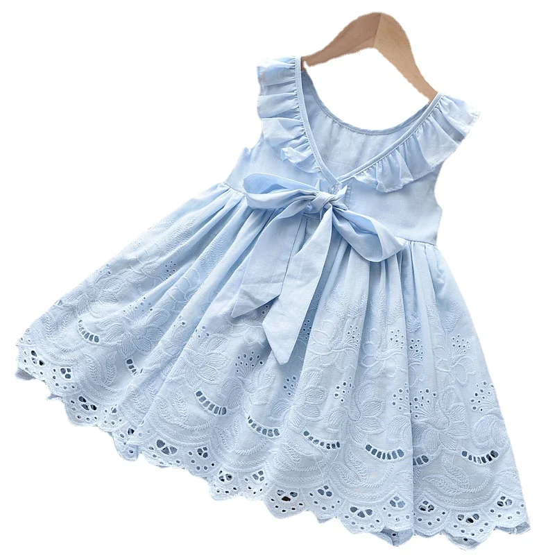 Girls Elegant Dresses New Summer Kids Party Costumes Sleeveless Floral Princess Girl Clothes Blue Children Clothing Vestidos