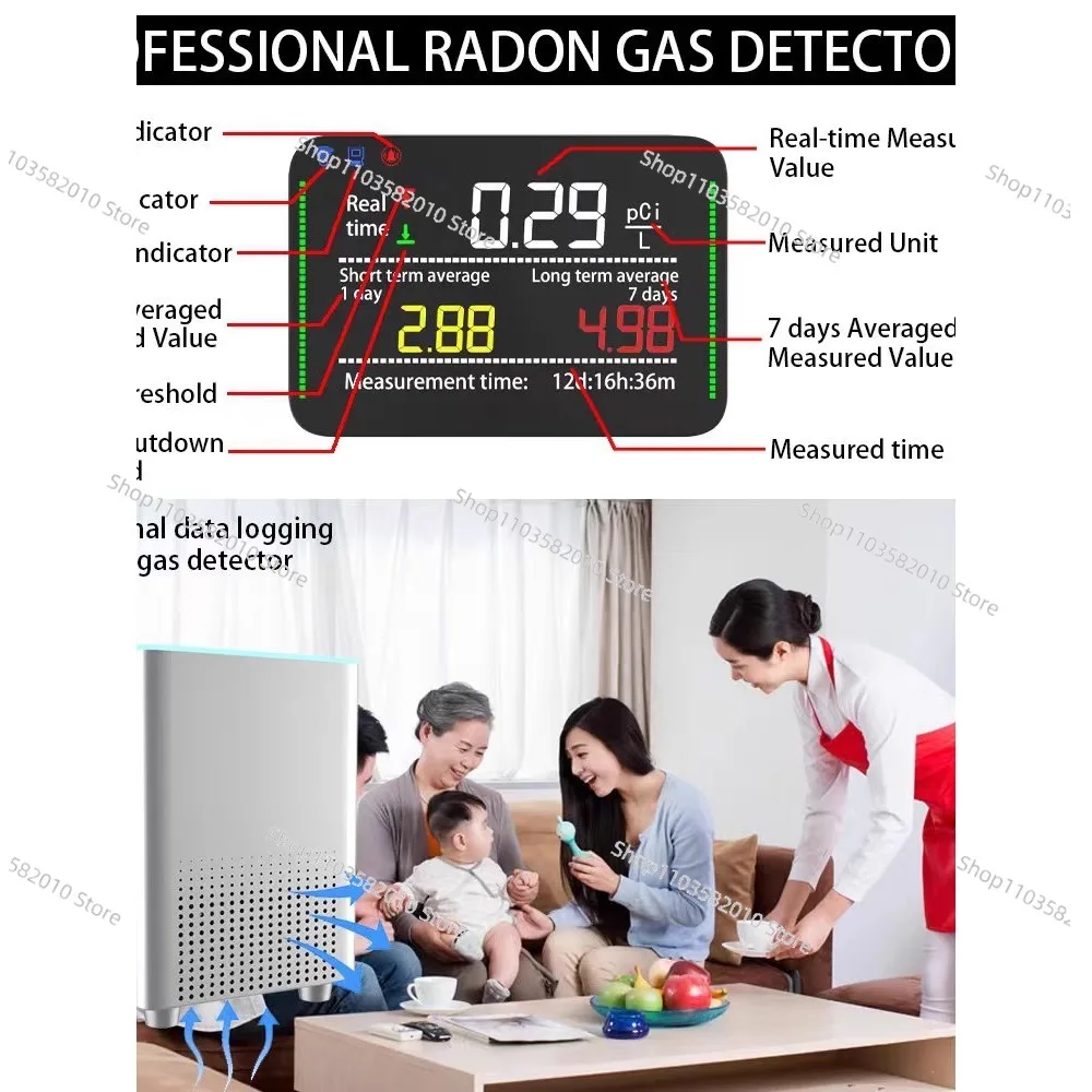 Radon gas detector with display is suitable for the detection of volatile gases in ceramics.