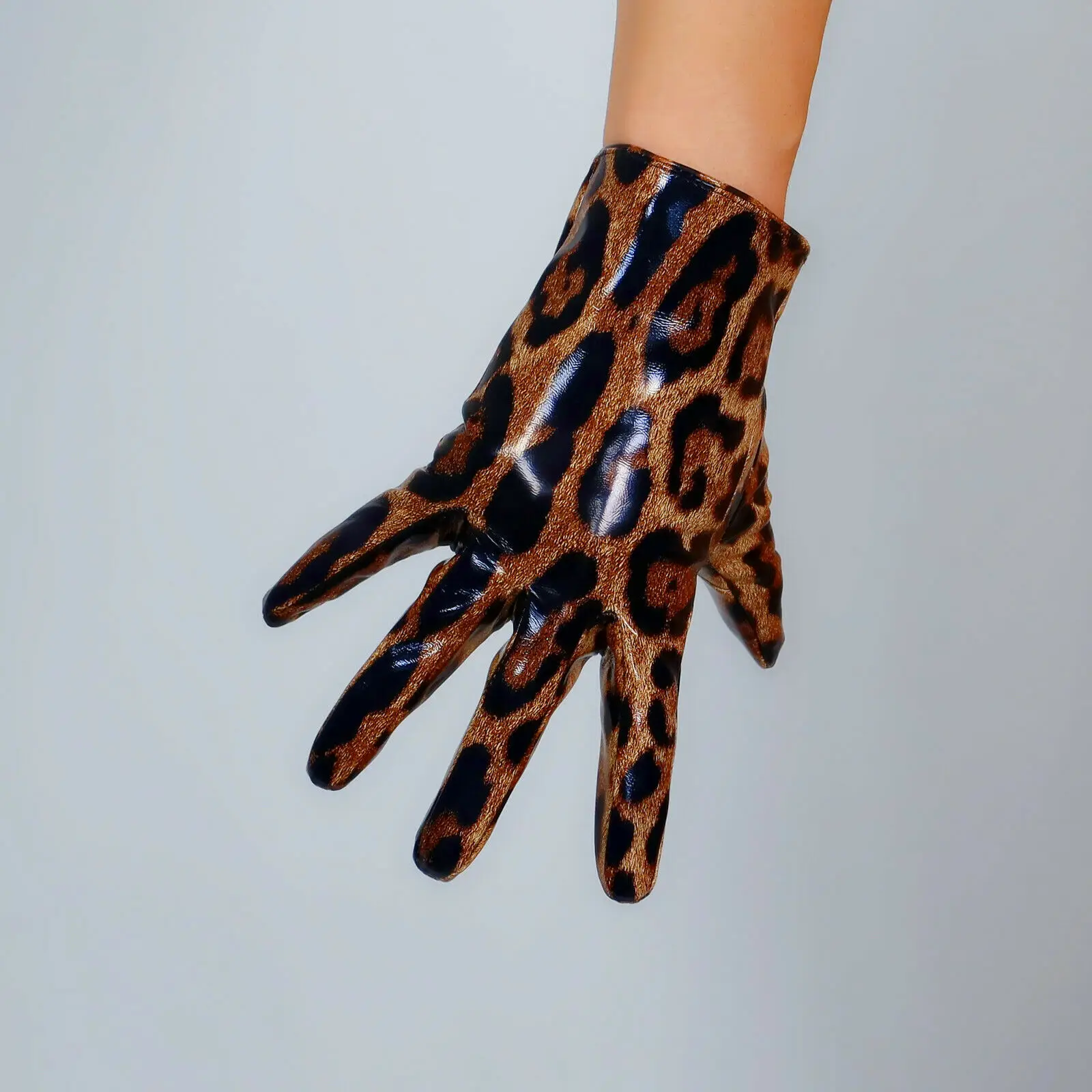 

Brown Leopard GLOVES Animal Print Faux LATEX Shine Patent Leather 8" 21cm Jaguar Wrist Short Evening Halloween Cosplay Custome