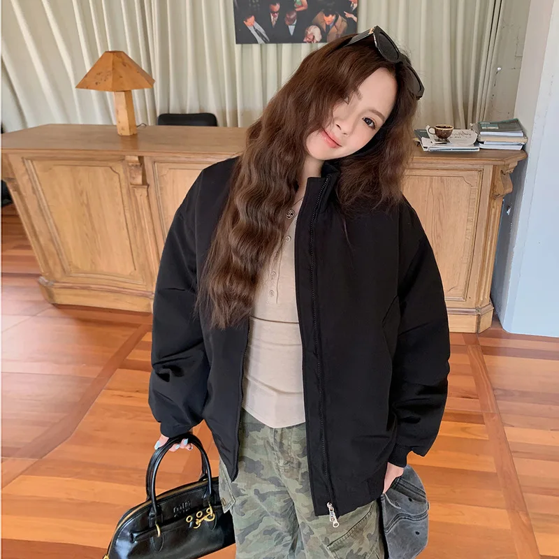 Women Quilted Baseball Parkas Jacket Solid Fleece Coat Stand Collar Full Sleeve Zipper Straight Office Lady Casual 2025 Winter