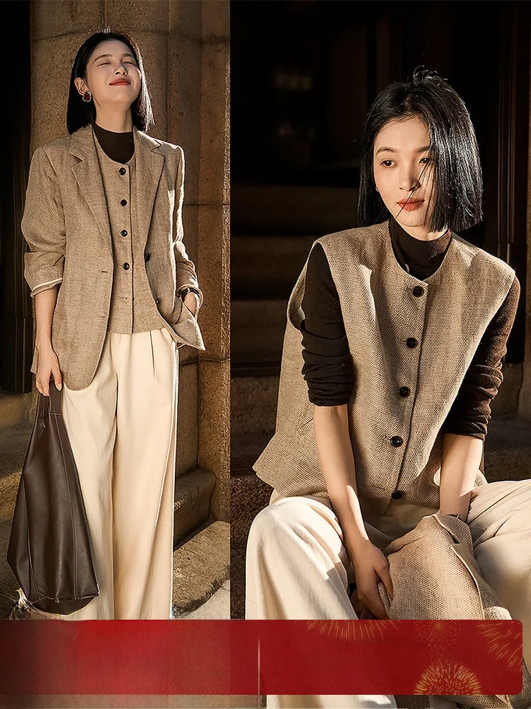 

Комплект из дышащего льняного жилета и футболки XiaoHanGe: модная повседневная одежда для женщин на все сезоны без ограничений по времени и пространству