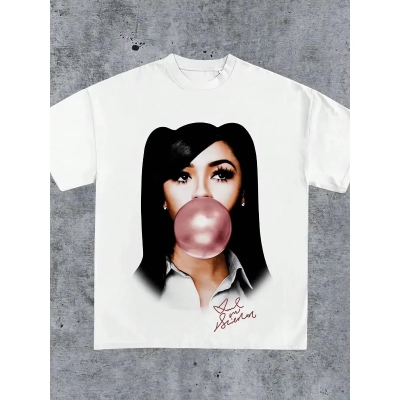 Fashionable Girl Blowing Bubble Gum Pattern T-shirt Men's T-shirt Suitable for All Seasons, Unisex Casual Original Style T-shirt