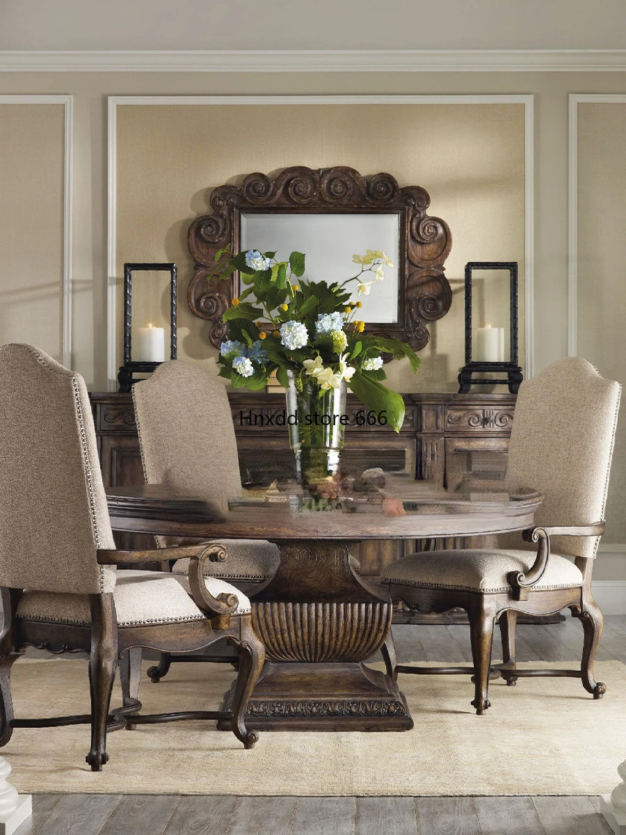 Large apartment carved with turntable dining table and chair combination high-end parquet dining table