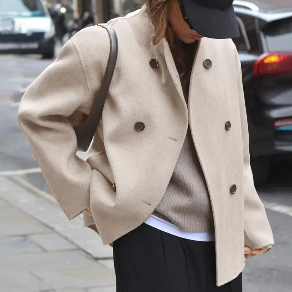 Casual Rollkragen frauen Woolen Mäntel Stehkragen Zweireiher Langarm Taschen Jacken 2025, Herbst Winter Dame Outwear