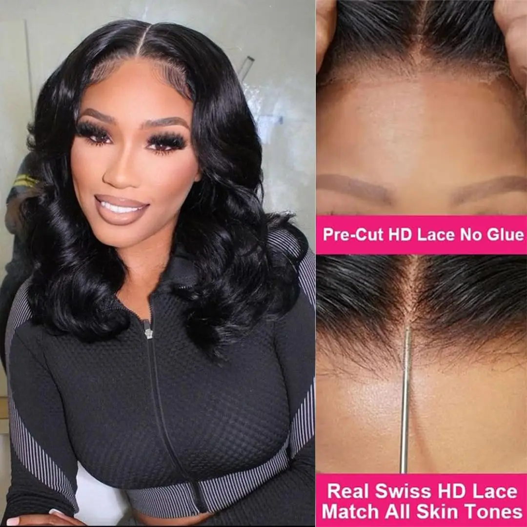 Black Short Body Wave Lace Front Wigs Glueless Natural Wave Synthetic Heat Resistant Fiber Hair Wig With Baby Hair 16 Inch