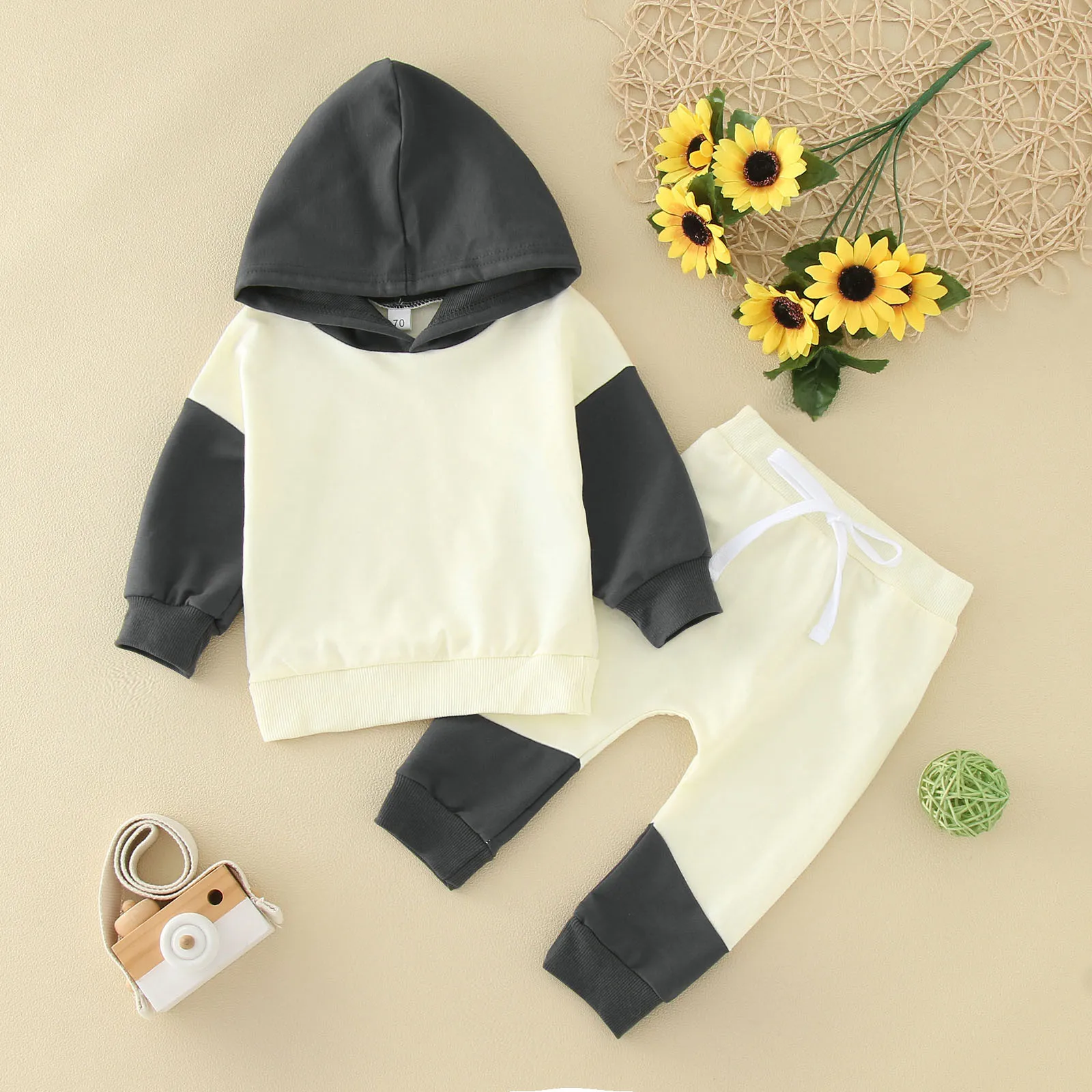 

2Pcs Autumn&Winter Baby Boys Outfits Contrast Color Knitted Long Sleeve Hoodie Sweatshirt Elastic Pants Warm Boy Clothes Toddler