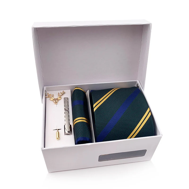 Striped Neck Ties For Men Wedding Party Green Necktie Hanky Tie Clip Brooch Sets Luxury Quality Men\'s Tie Set Gift Box Wholesale