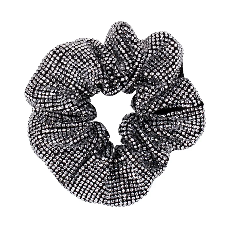 New Fashion Rhinestone Women Silk Scrunchie Elastic Handmade Hair Black Band Ponytail Holder Headband Hair Accessories