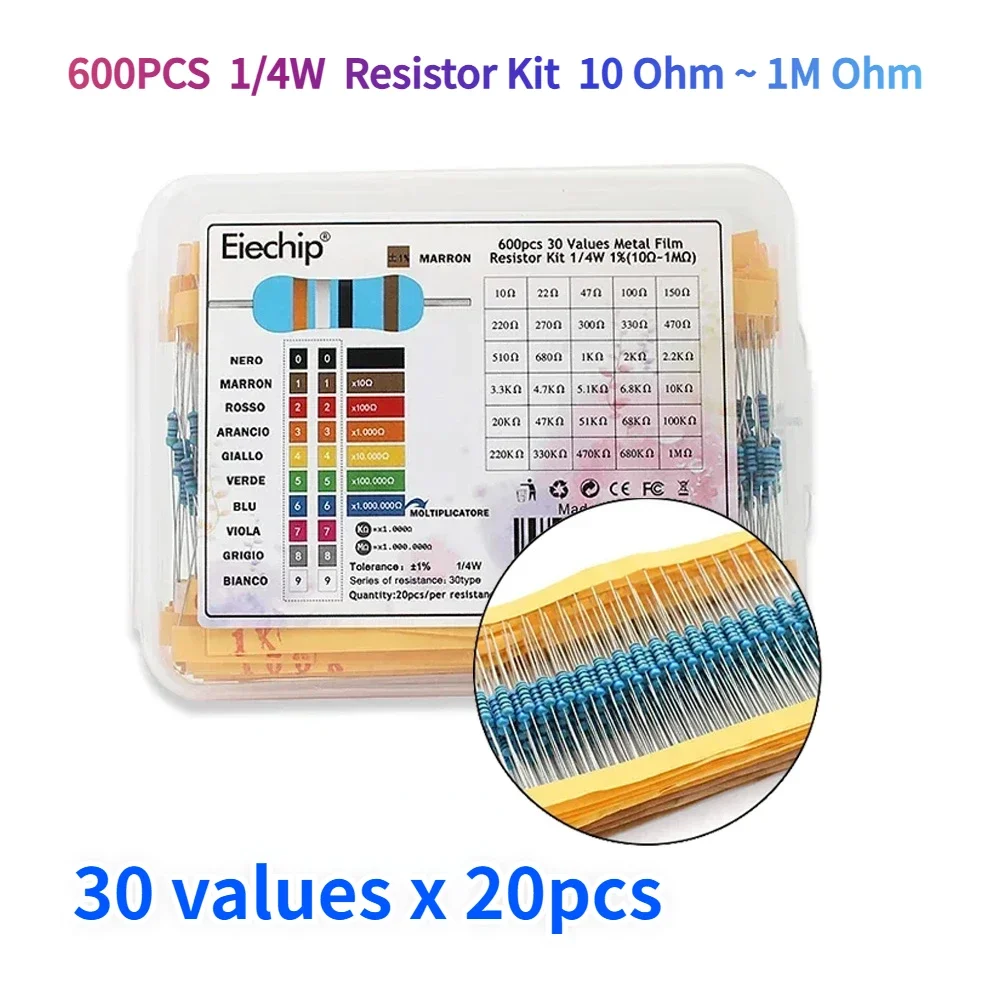 

Комплект резисторов 1/4 Вт 600 шт., 10 Ohm-1MOhm 0,25 Вт, набор металлических пленочных резисторов ± 1%, карбоновый пленочный однорезистор, электронные компоненты типа 30