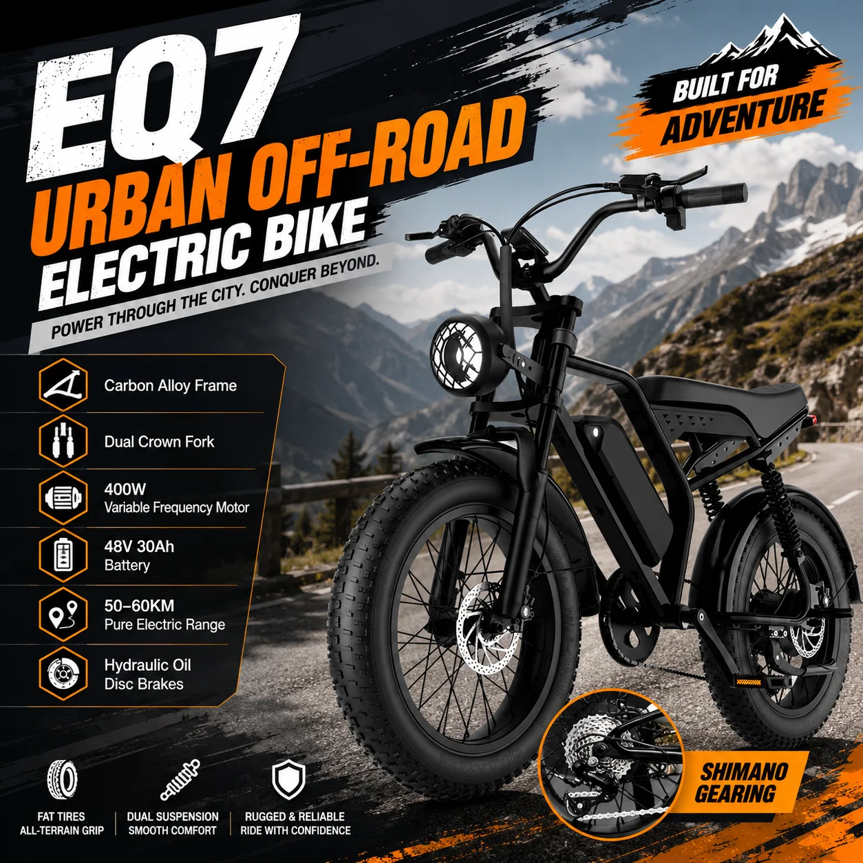 

EQ7 Long-Range Urban Electric Bike 400W Motor 48V 30Ah Battery 50–60KM Pure Electric Range Hydraulic Disc Brake System